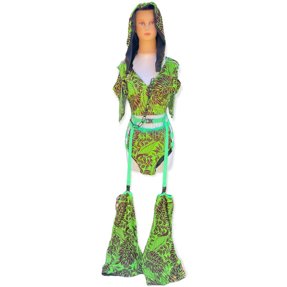 Handmade Women’s Green Rave Hood Festival Outfit Crop Top Strappy Set